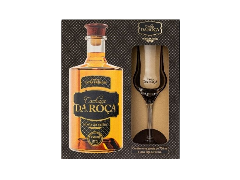 KIT: CACHACA DA ROCA EXTRA PREMIUM 750 + TACA (CX 4)